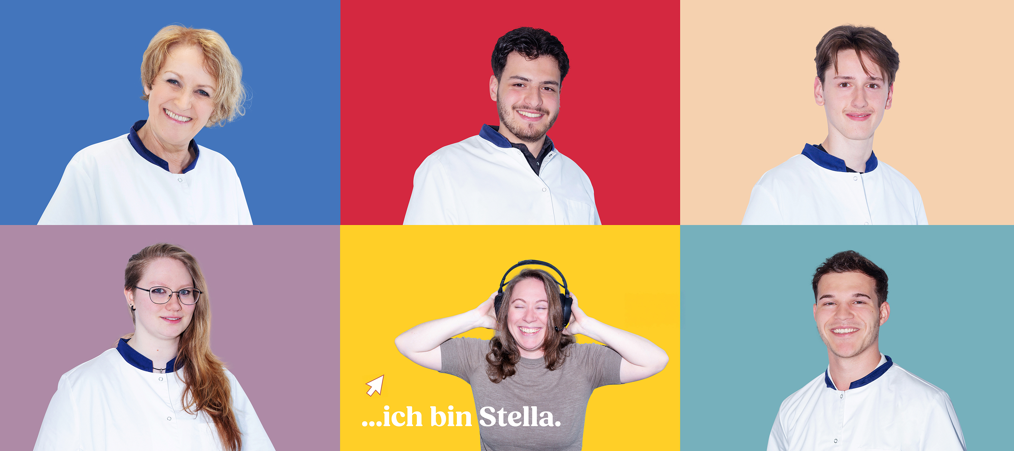 Collage aus Mitarbeiterportraits vor farbigen Hintergründen, Charakterportraits nach mouseover, Fotografie Unternehmensportrait Dentallabor Kastner
